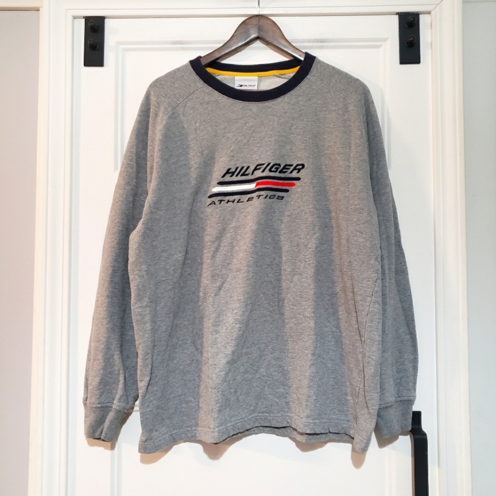 Vintage Tommy Hilfiger Mens L Pullover Sweatshirt Grey Raglan Crewneck Shirt